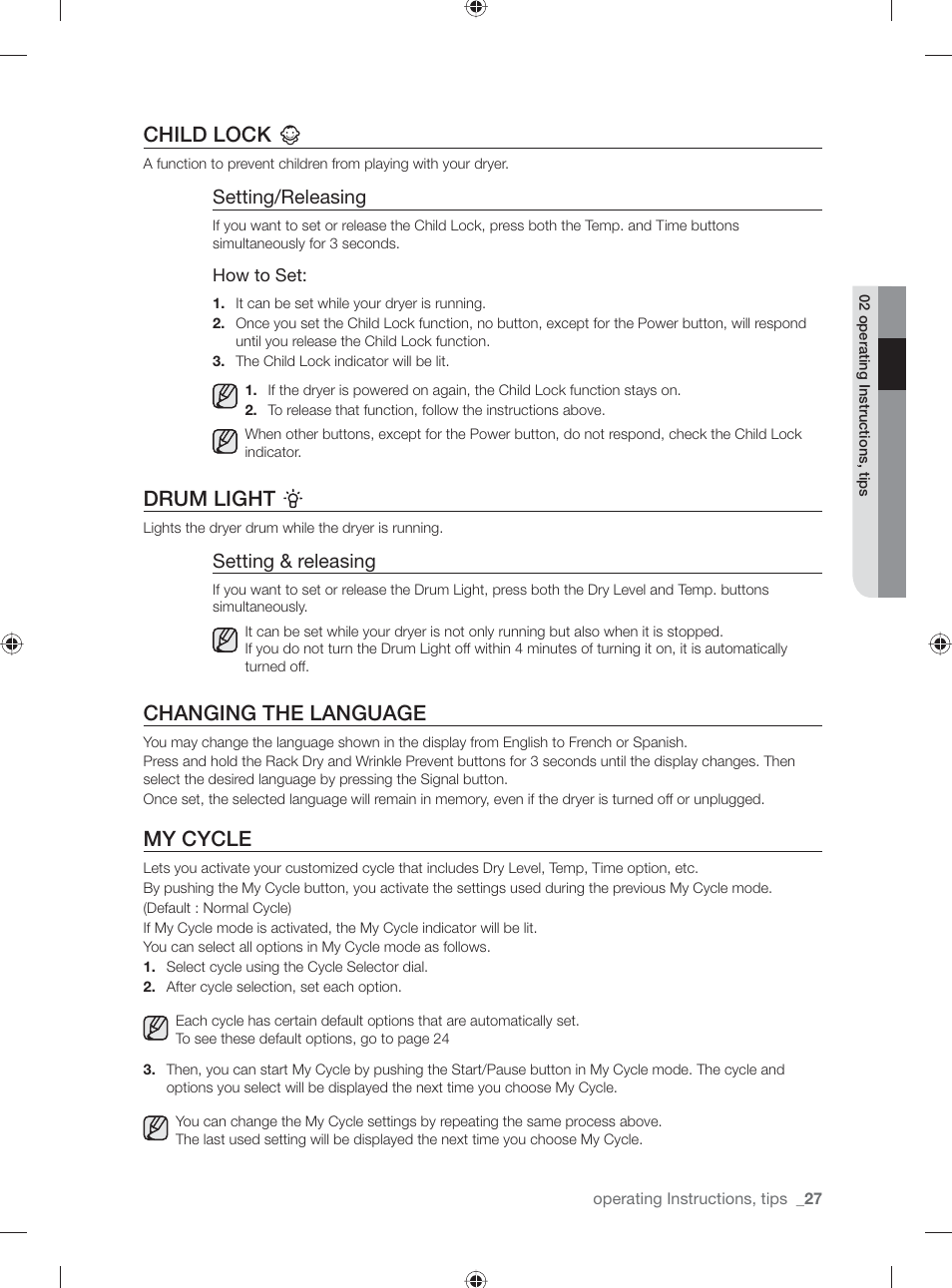 Child lock, Drum light, Changing the language | My cycle, Setting/releasing, Setting & releasing | Samsung DV431AG User Manual | Page 27 / 120
