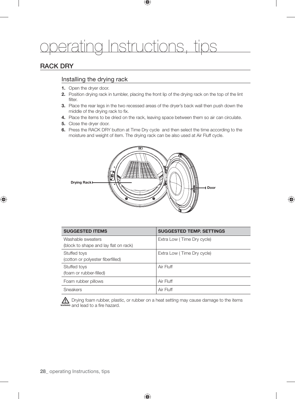 Operating instructions, tips, Rack dry, Installing the drying rack | Samsung DV431AG User Manual | Page 28 / 120