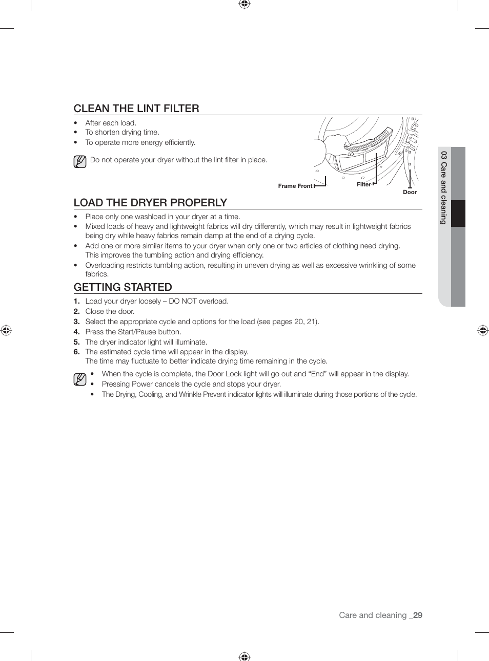 Clean the lint filter, Load the dryer properly, Getting started | Samsung DV431AG User Manual | Page 29 / 120