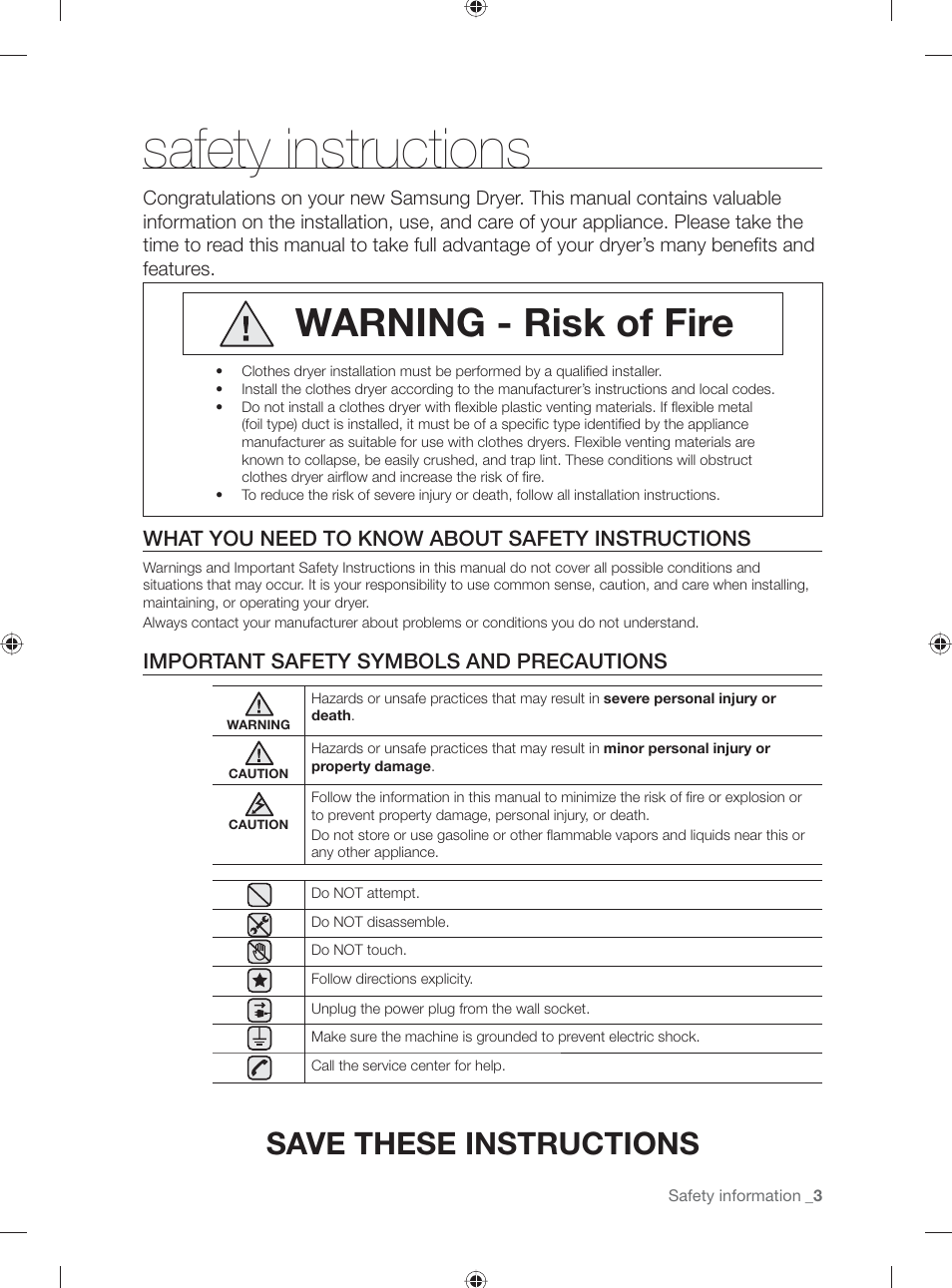 Safety instructions, Warning - risk of fire, Save these instructions | What you need to know about safety instructions, Important safety symbols and precautions | Samsung DV431AG User Manual | Page 3 / 120