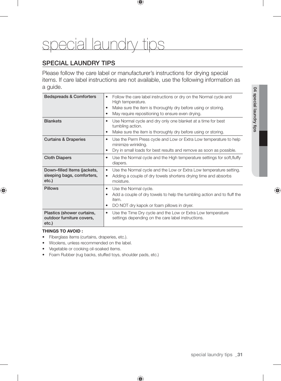 Special laundry tips | Samsung DV431AG User Manual | Page 31 / 120
