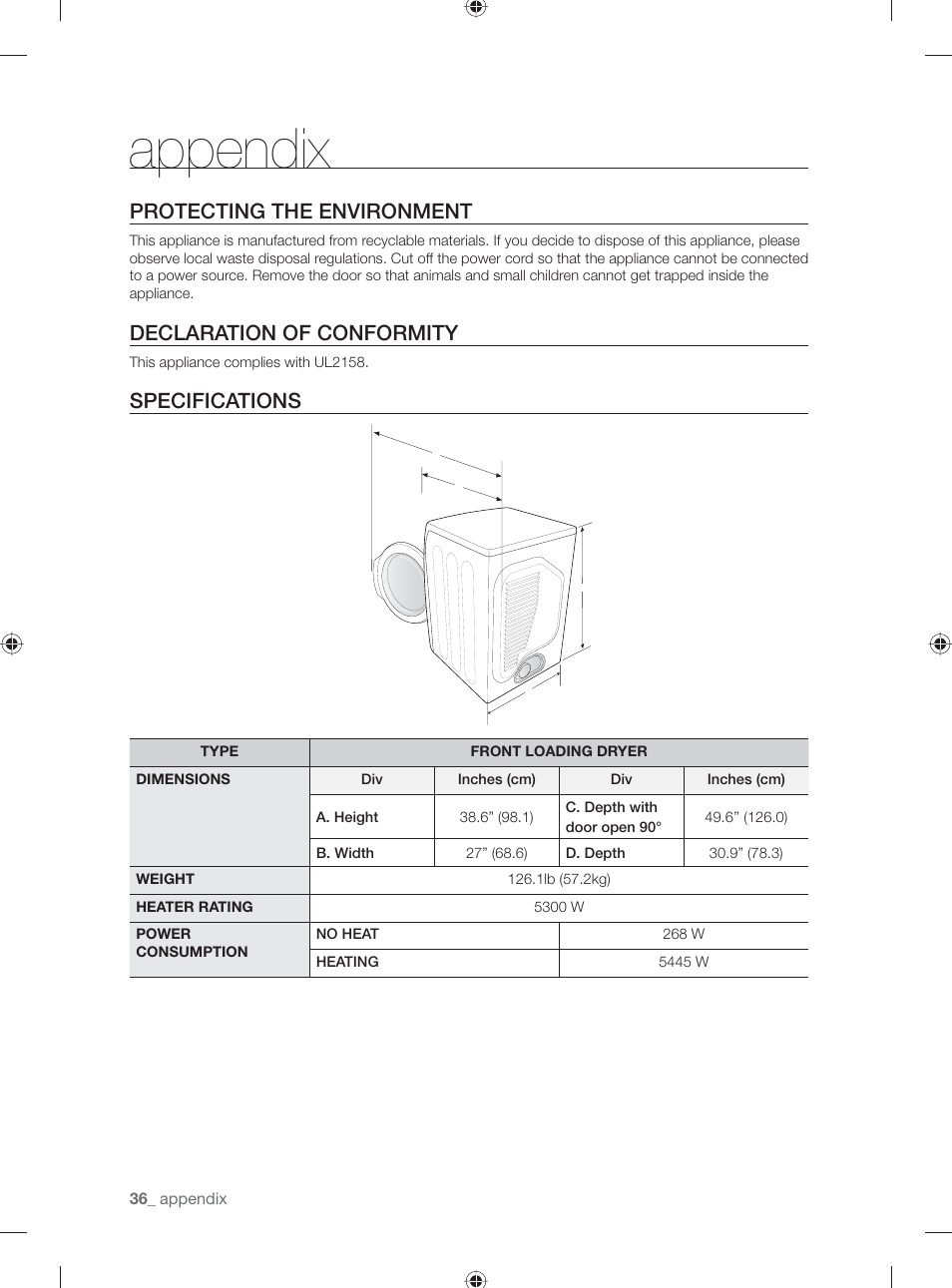 Appendix, Protecting the environment, Declaration of conformity | Specifications | Samsung DV431AG User Manual | Page 36 / 120
