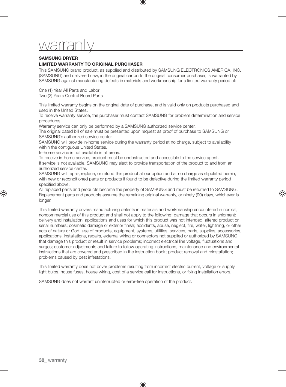 Warranty | Samsung DV431AG User Manual | Page 38 / 120