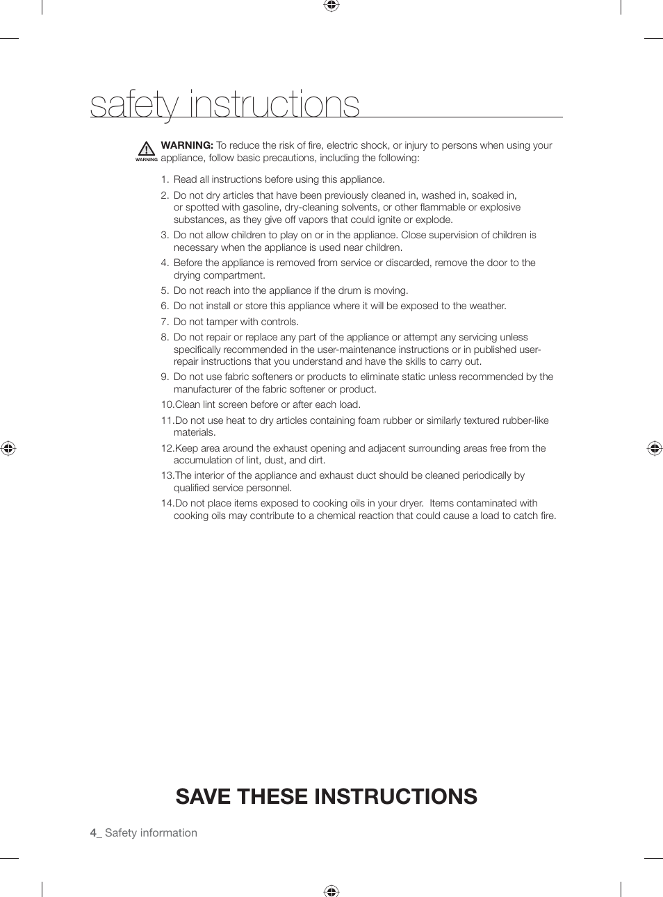 Safety instructions, Save these instructions | Samsung DV431AG User Manual | Page 4 / 120