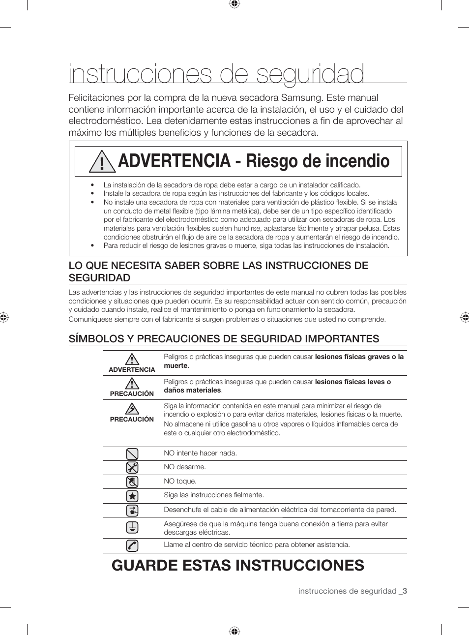 Instrucciones de seguridad, Advertencia - riesgo de incendio, Guarde estas instrucciones | Símbolos y precauciones de seguridad importantes | Samsung DV431AG User Manual | Page 43 / 120