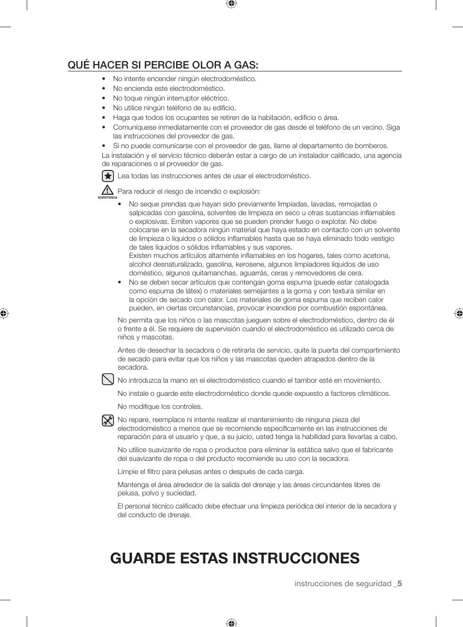 Guarde estas instrucciones, Qué hacer si percibe olor a gas | Samsung DV431AG User Manual | Page 45 / 120