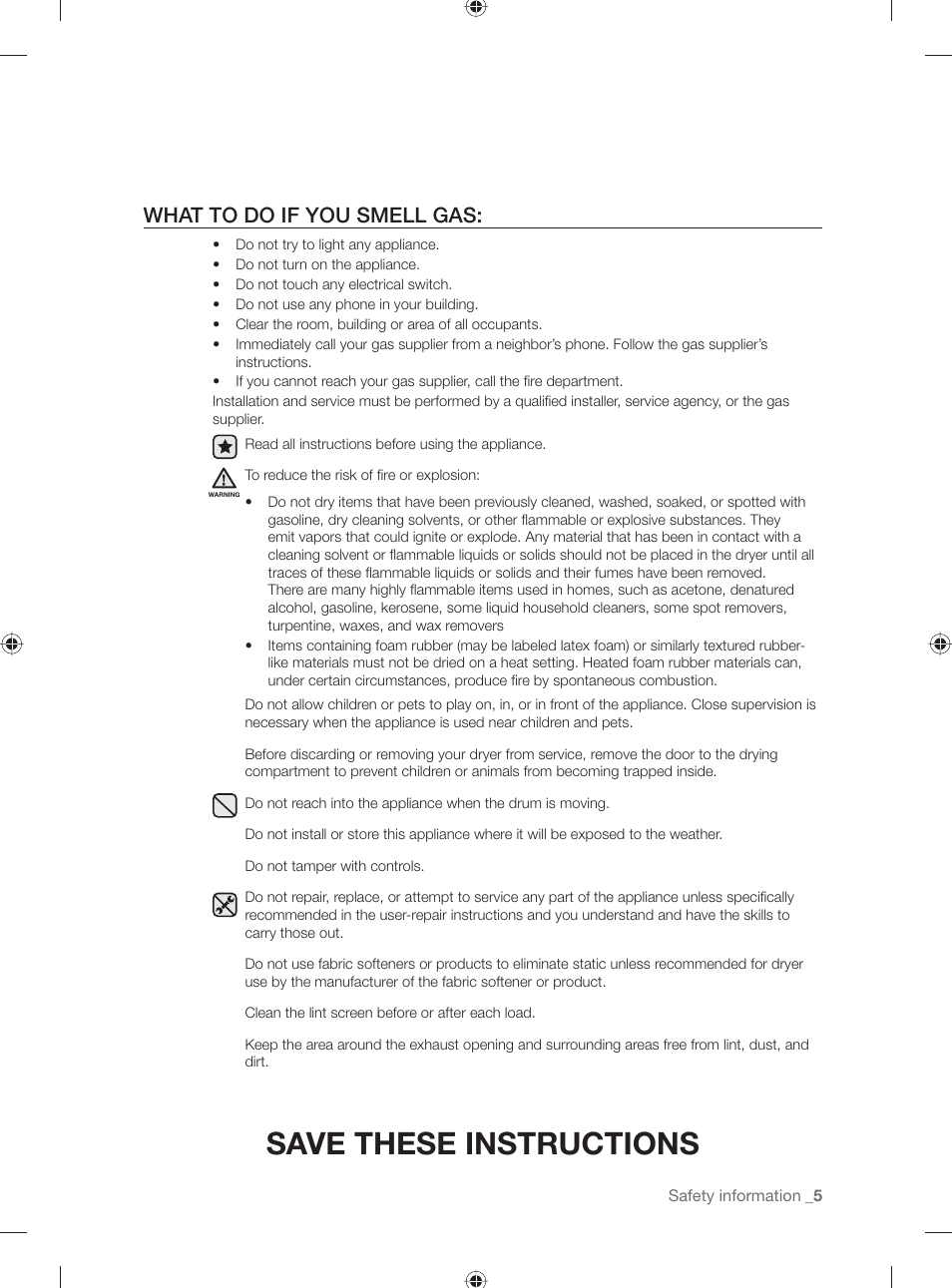 Save these instructions, What to do if you smell gas | Samsung DV431AG User Manual | Page 5 / 120