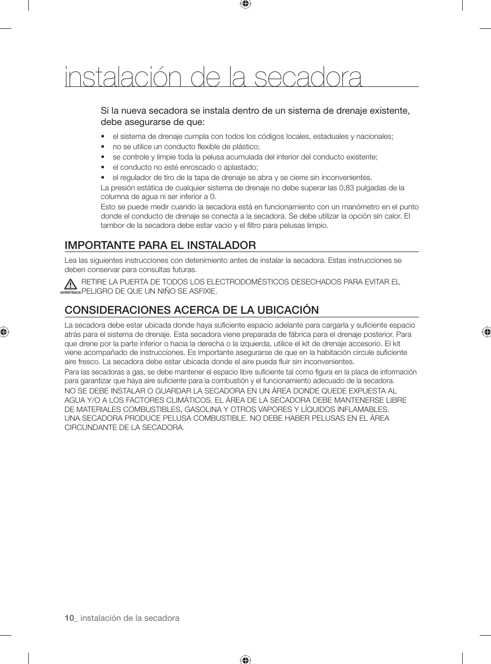 Instalación de la secadora, Importante para el instalador, Consideraciones acerca de la ubicación | Samsung DV431AG User Manual | Page 50 / 120
