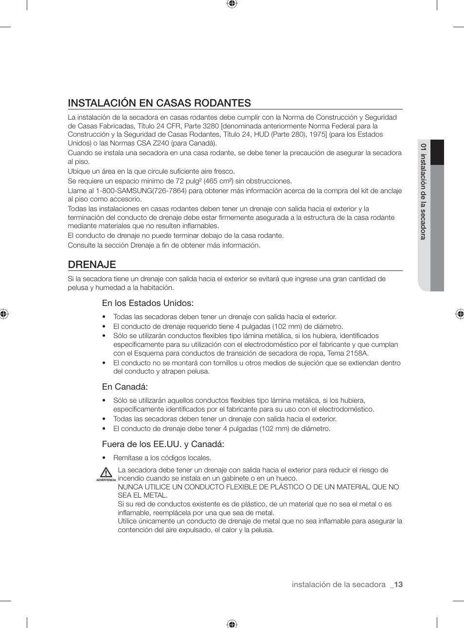 Instalación en casas rodantes, Drenaje | Samsung DV431AG User Manual | Page 53 / 120