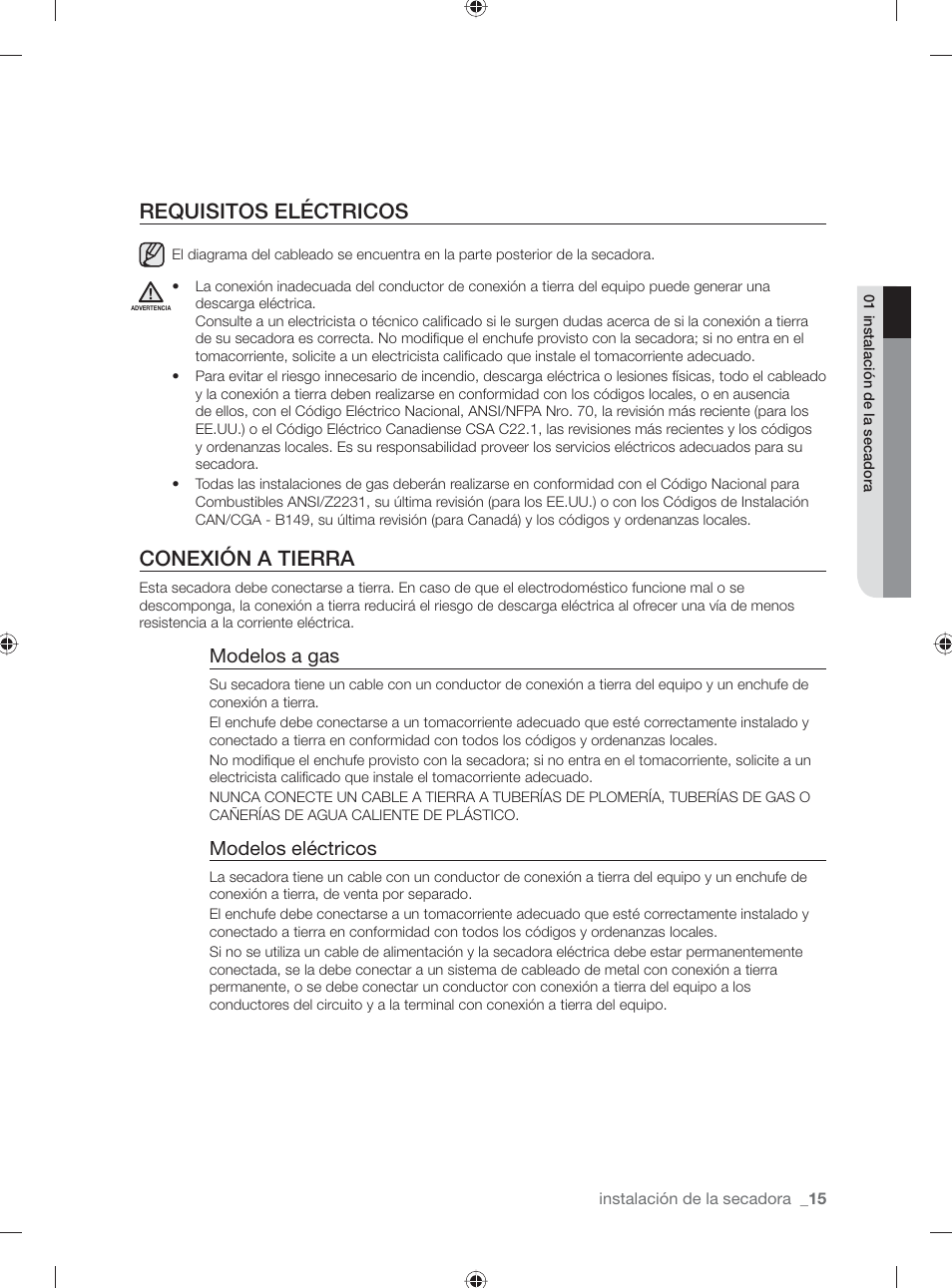 Requisitos eléctricos, Conexión a tierra, Modelos a gas | Modelos eléctricos | Samsung DV431AG User Manual | Page 55 / 120