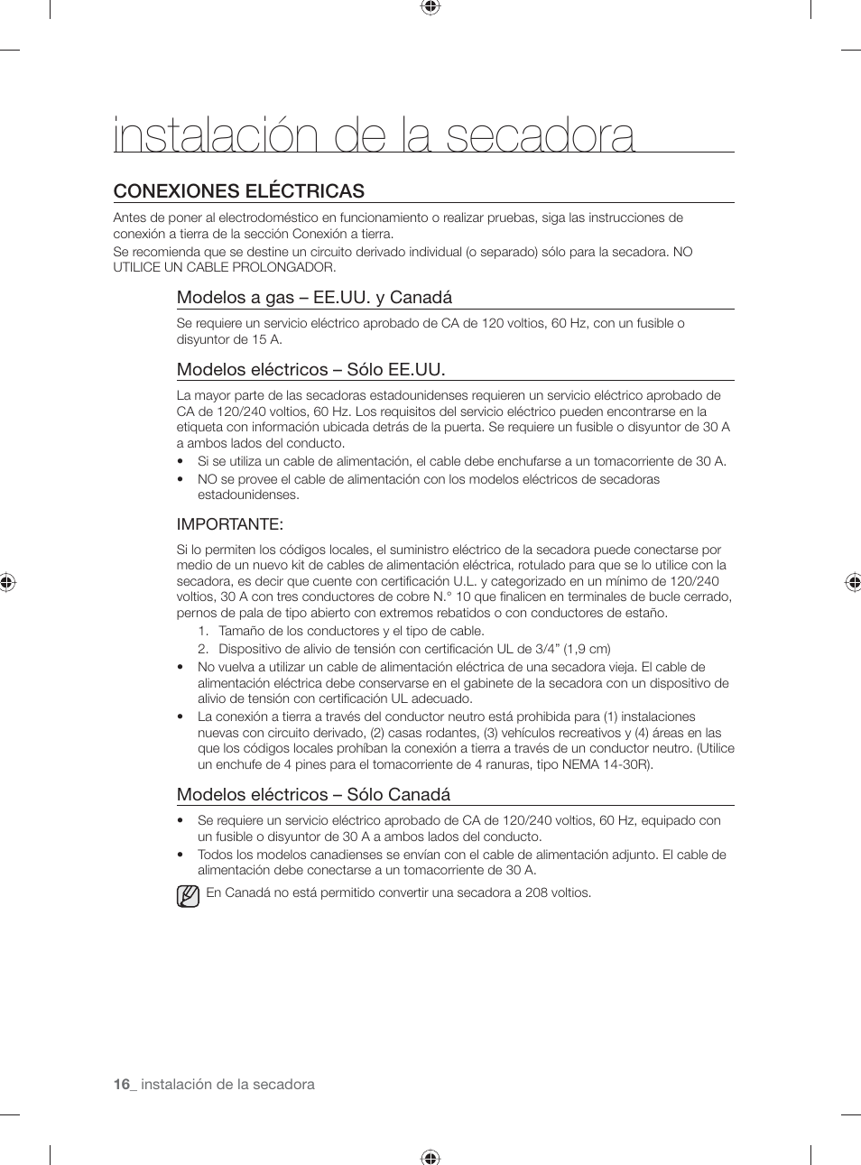 Instalación de la secadora, Conexiones eléctricas | Samsung DV431AG User Manual | Page 56 / 120
