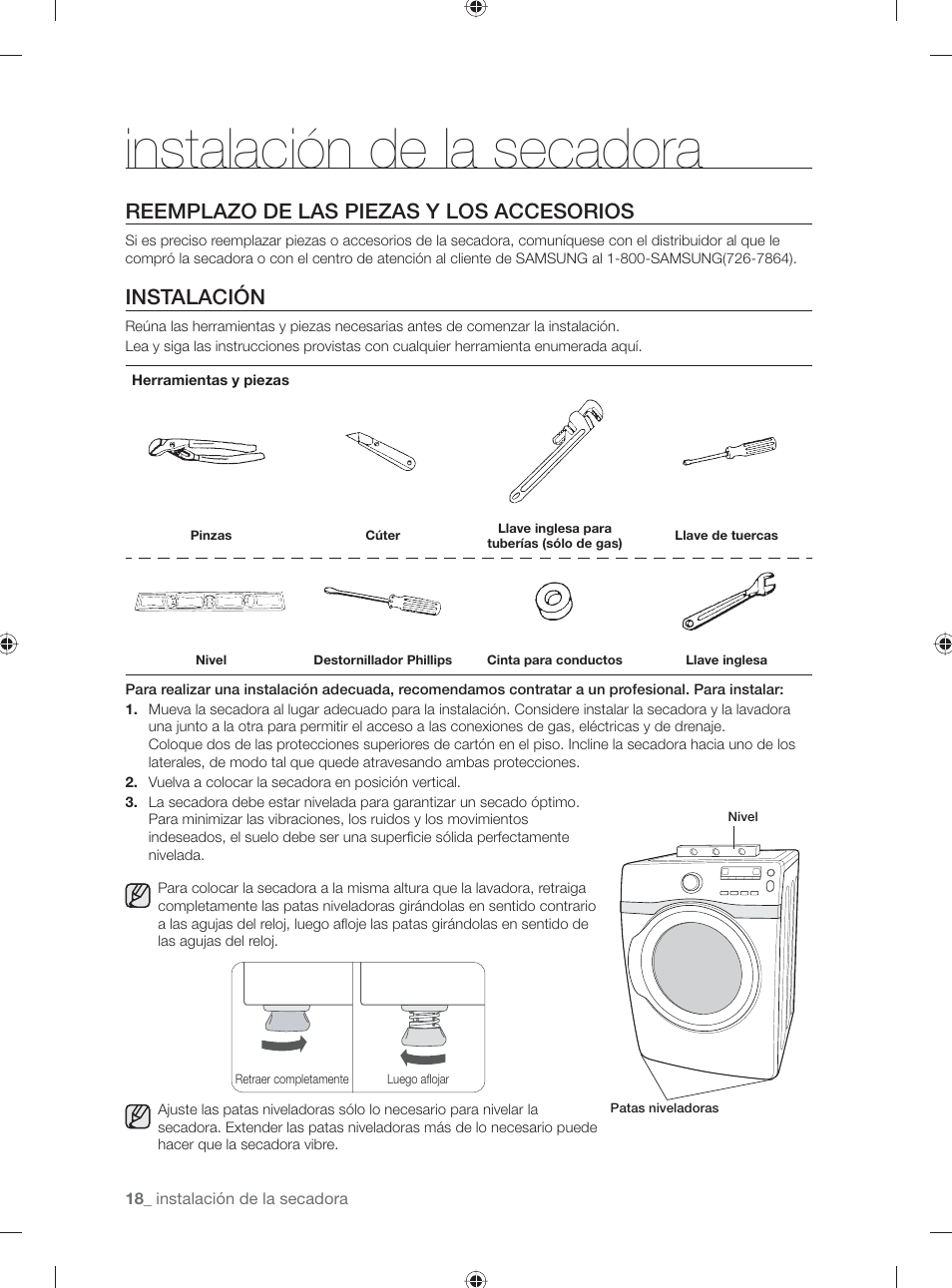 Instalación de la secadora, Reemplazo de las piezas y los accesorios, Instalación | Samsung DV431AG User Manual | Page 58 / 120