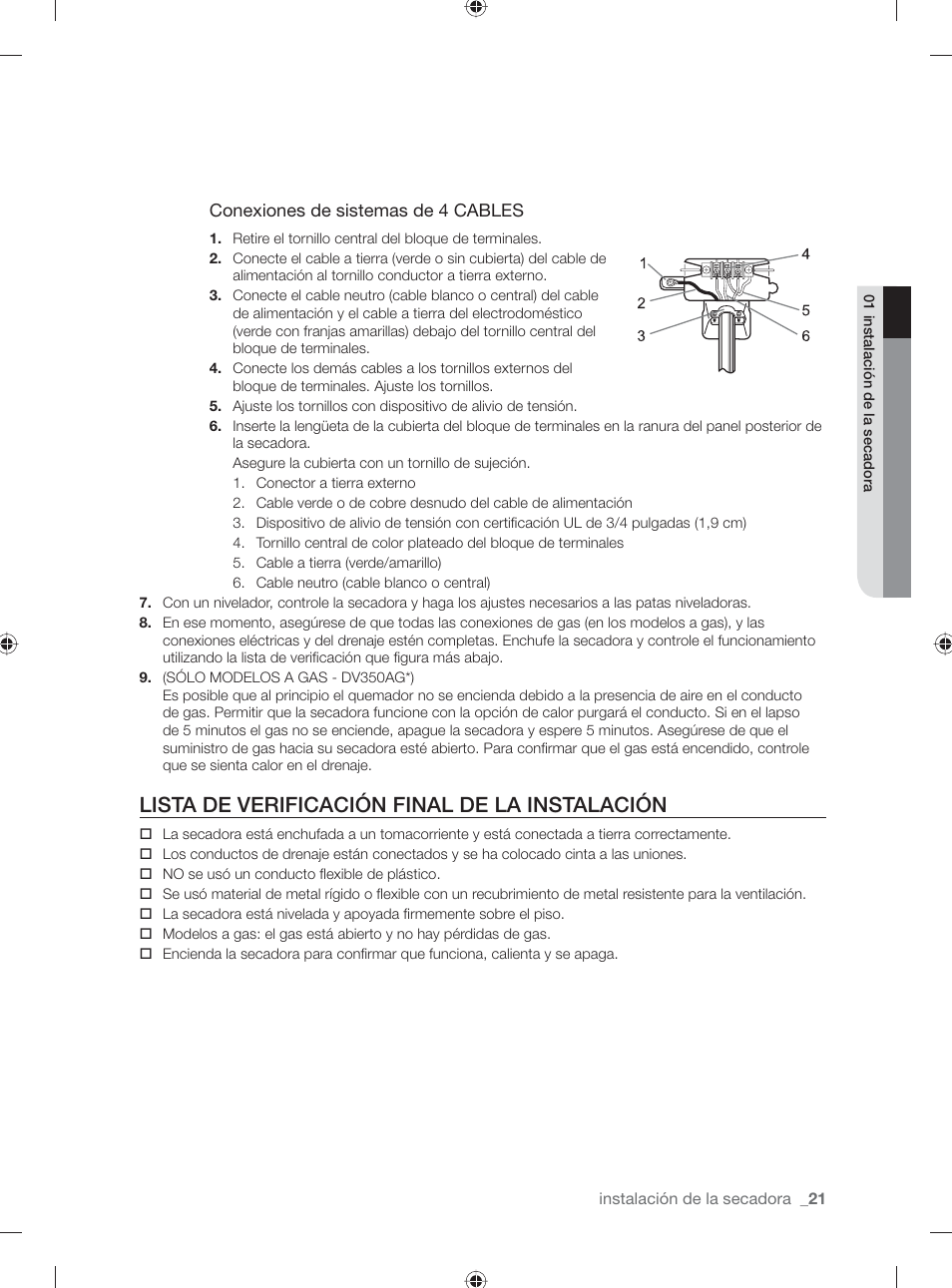 Lista de verificación final de la instalación | Samsung DV431AG User Manual | Page 61 / 120