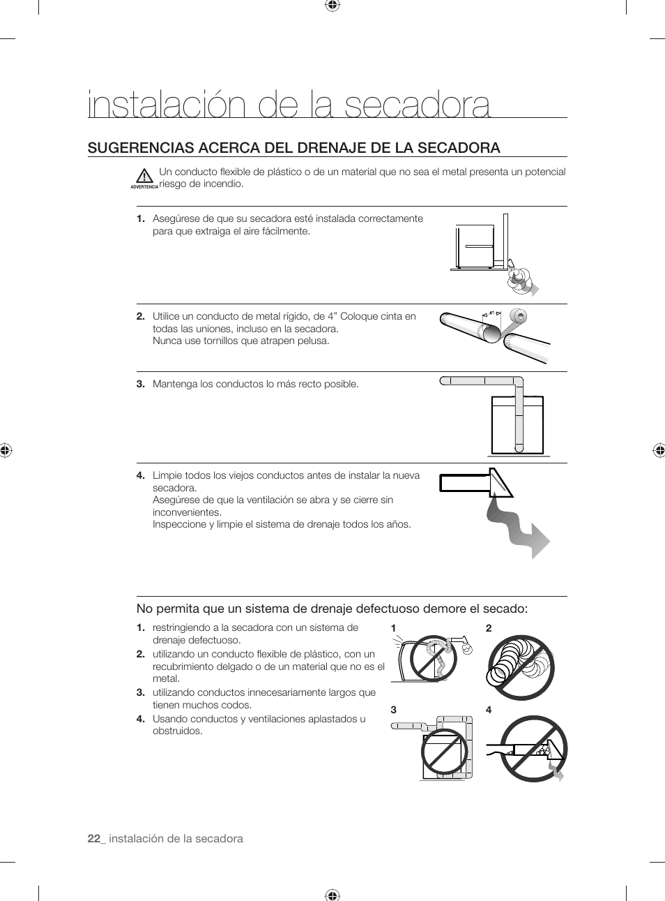 Instalación de la secadora, Sugerencias acerca del drenaje de la secadora | Samsung DV431AG User Manual | Page 62 / 120
