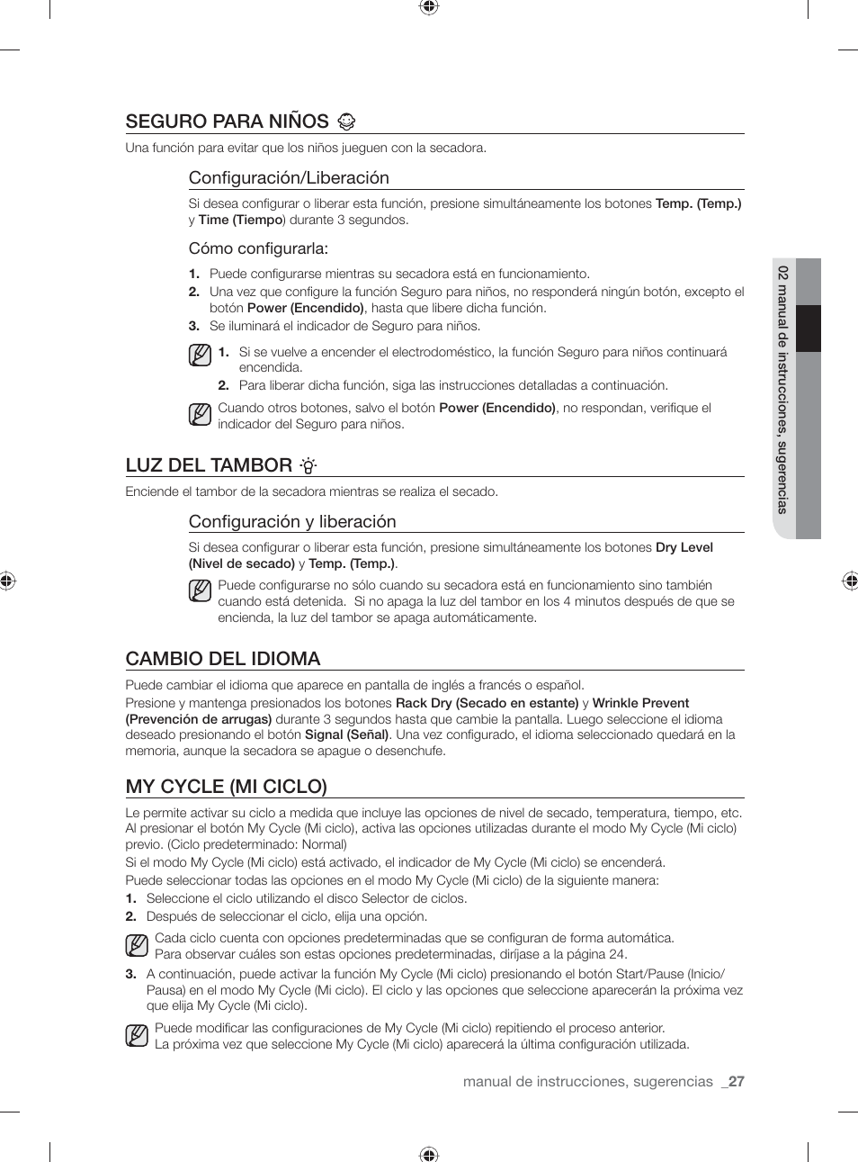 Seguro para niños, Luz del tambor, Cambio del idioma | My cycle (mi ciclo), Confi guración/liberación, Confi guración y liberación | Samsung DV431AG User Manual | Page 67 / 120