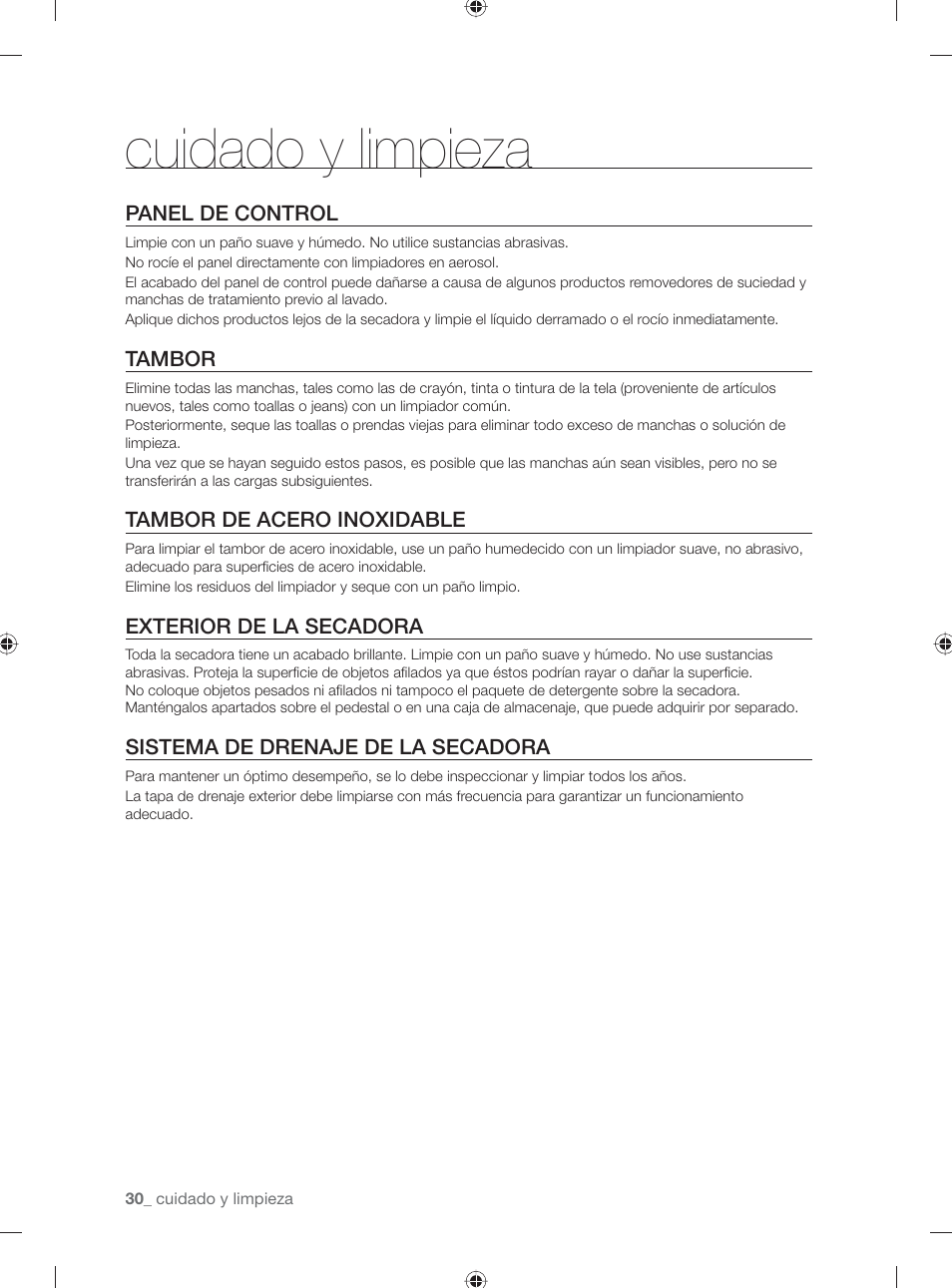 Cuidado y limpieza, Panel de control, Tambor | Tambor de acero inoxidable, Exterior de la secadora, Sistema de drenaje de la secadora | Samsung DV431AG User Manual | Page 70 / 120