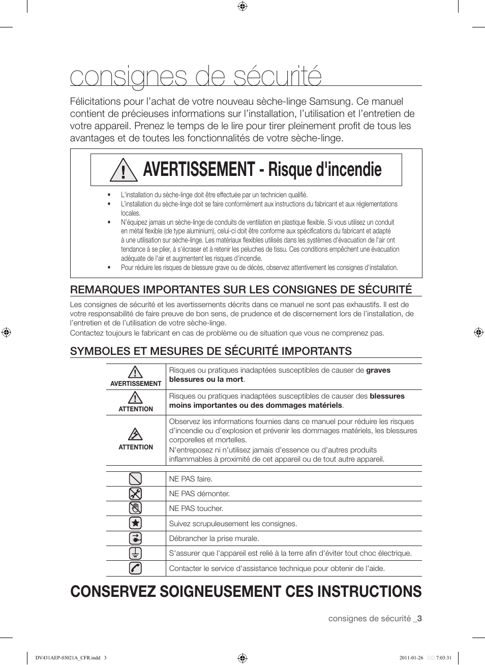 Consignes de sécurité, Avertissement - risque d'incendie, Conservez soigneusement ces instructions | Symboles et mesures de sécurité importants | Samsung DV431AG User Manual | Page 83 / 120
