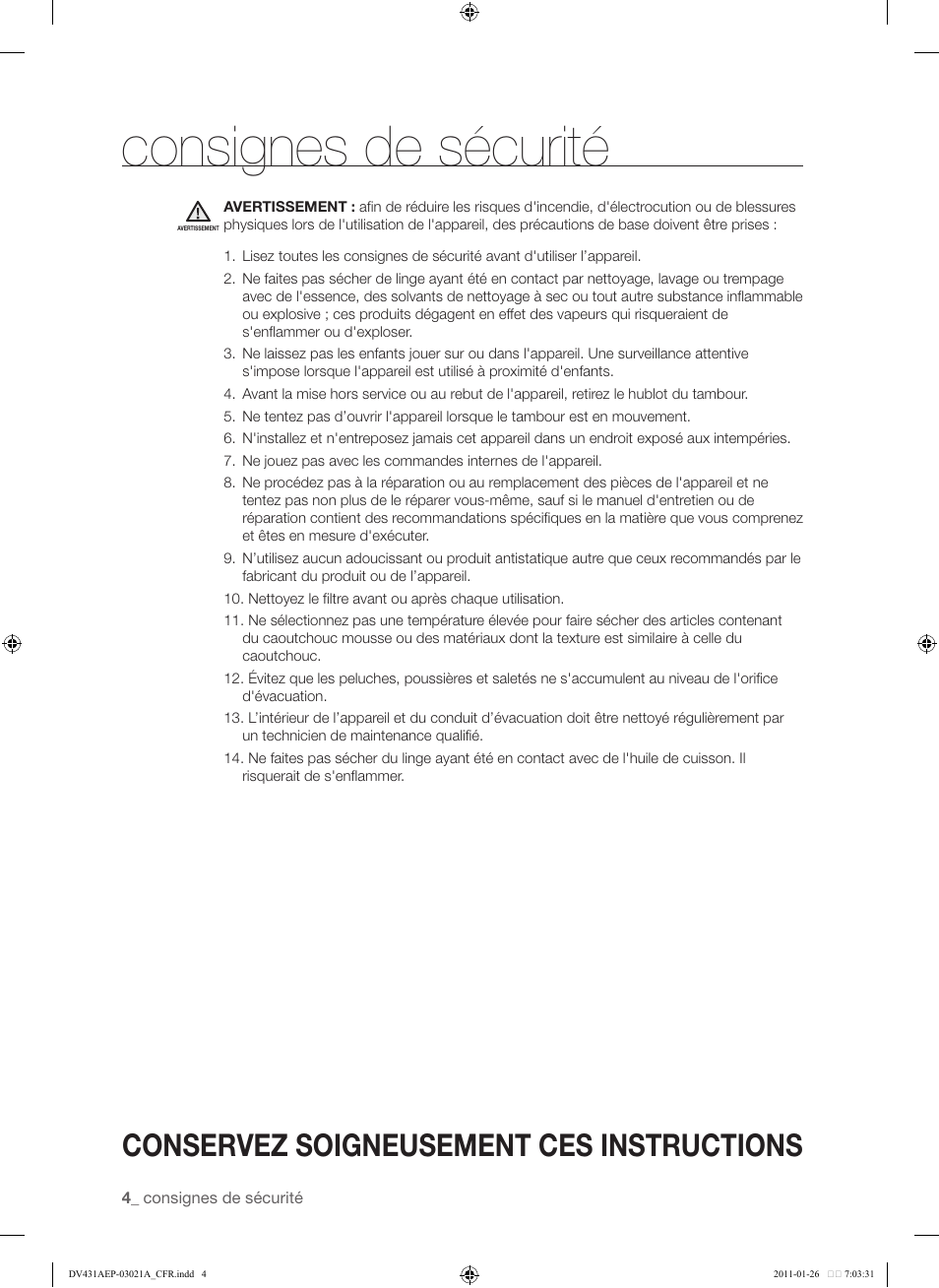 Consignes de sécurité, Conservez soigneusement ces instructions | Samsung DV431AG User Manual | Page 84 / 120