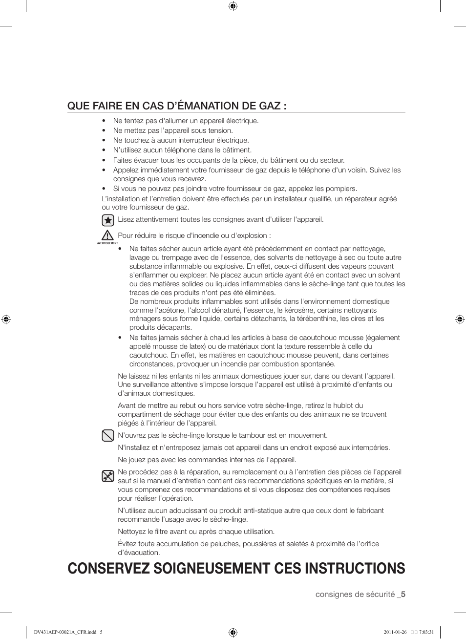 Conservez soigneusement ces instructions, Que faire en cas d’émanation de gaz | Samsung DV431AG User Manual | Page 85 / 120