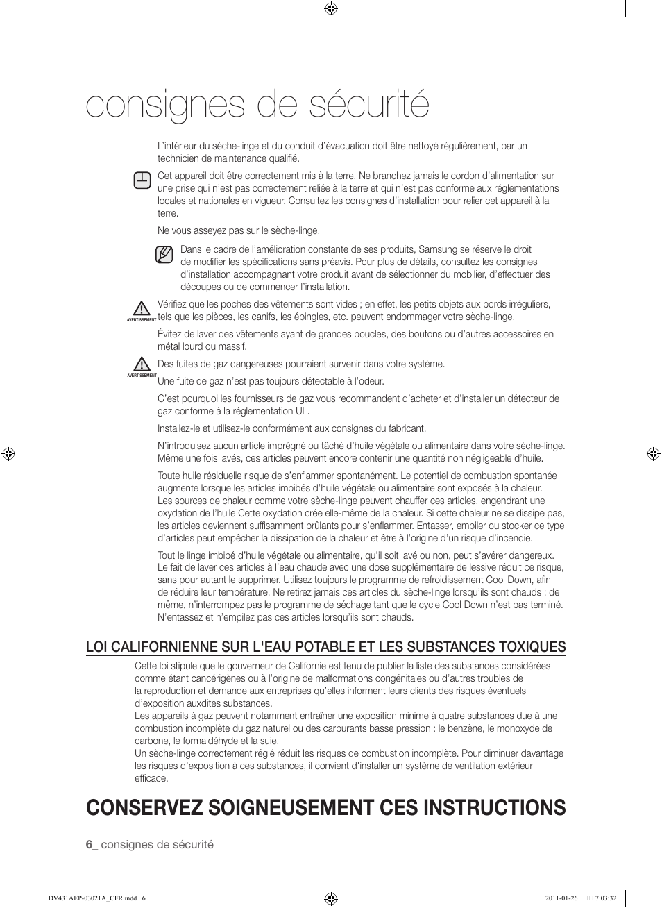 Consignes de sécurité, Conservez soigneusement ces instructions | Samsung DV431AG User Manual | Page 86 / 120