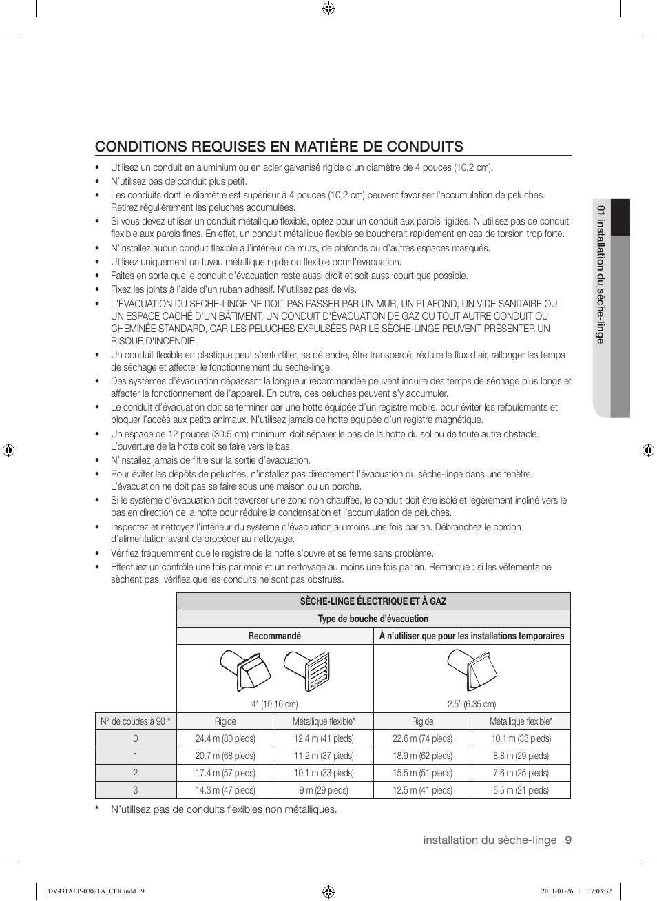 Conditions requises en matière de conduits | Samsung DV431AG User Manual | Page 89 / 120