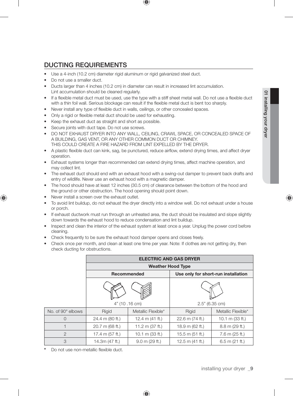 Ducting requirements | Samsung DV431AG User Manual | Page 9 / 120