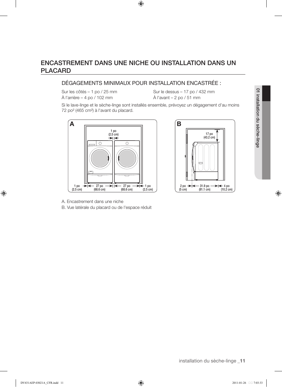 11 encastrement dans une niche ou installation, Dans un placard, Dégagements minimaux pour installation encastrée | Installation du sèche-linge | Samsung DV431AG User Manual | Page 91 / 120