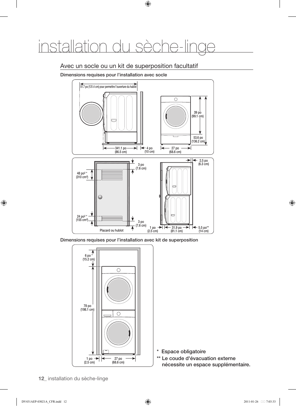 Installation du sèche-linge | Samsung DV431AG User Manual | Page 92 / 120