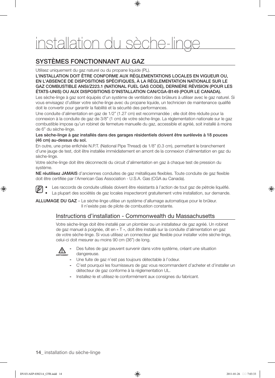 Systèmes fonctionnant au gaz, 14 systèmes fonctionnant au gaz, Installation du sèche-linge | Samsung DV431AG User Manual | Page 94 / 120