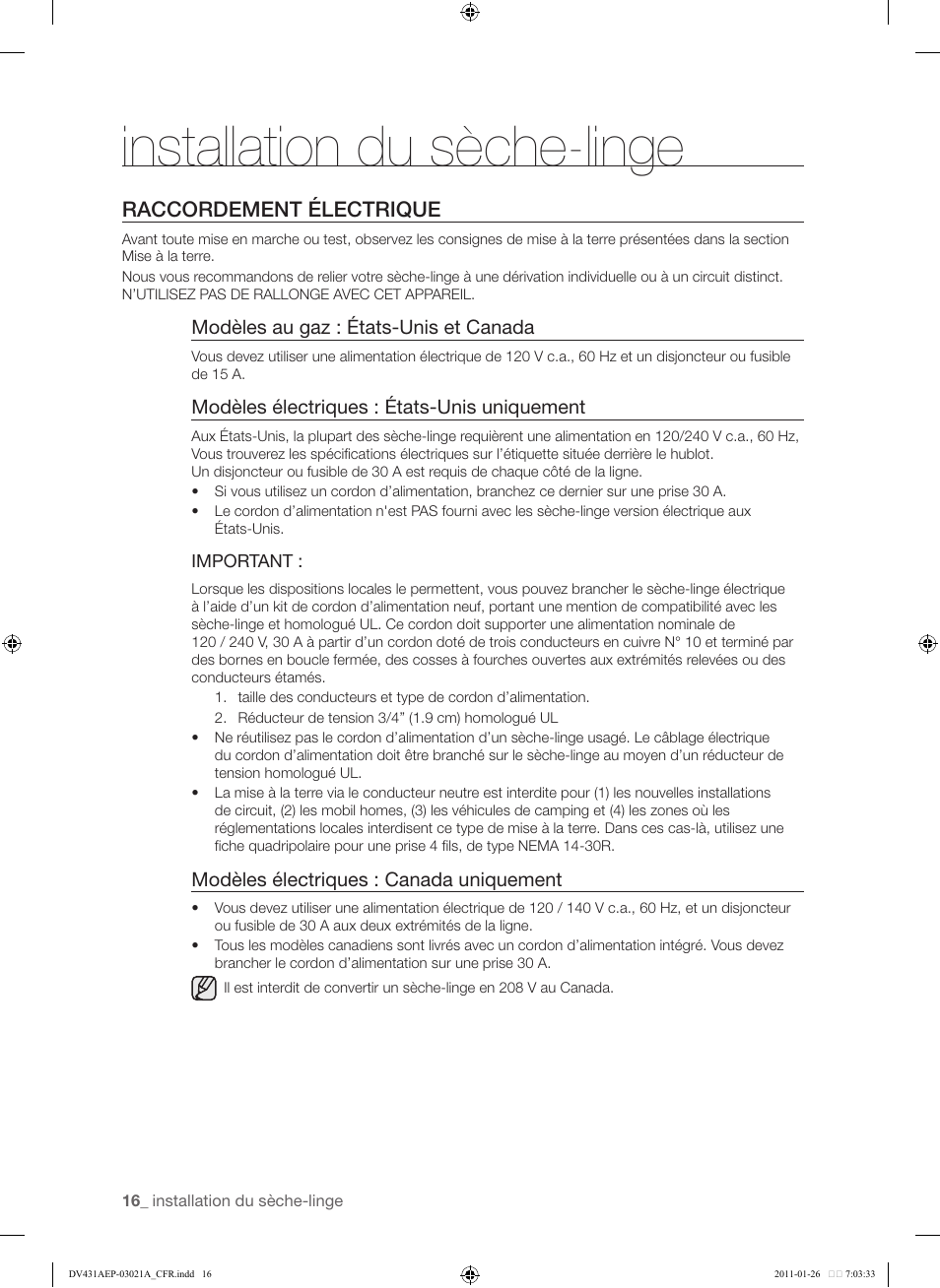 Raccordement électrique, 16 raccordement électrique, Installation du sèche-linge | Samsung DV431AG User Manual | Page 96 / 120