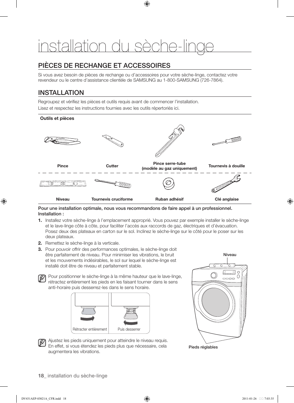 Pièces de rechange et accessoires, Installation, Installation du sèche-linge | Samsung DV431AG User Manual | Page 98 / 120