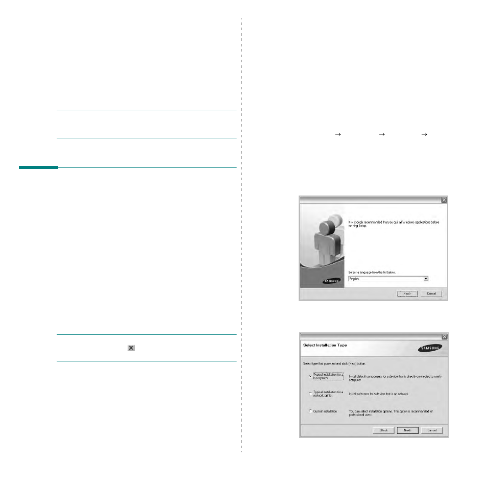 Installing printer software in windows, Installing printer software, Installing software for local printing | Samsung SCX-6545N User Manual | Page 145 / 190