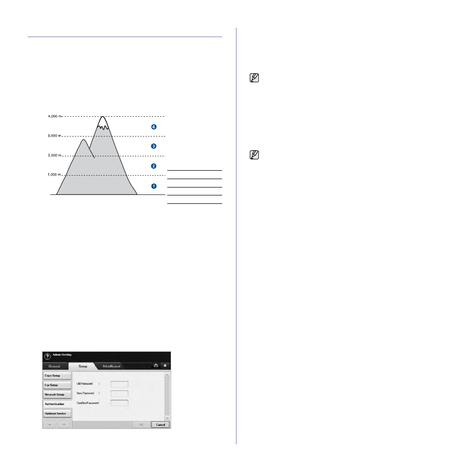 Machine's basic settings, Altitude adjustment, Setting the authentication password | Setting the date and time, Changing the display language, Setting job timeout, Using energy saving feature, E 29 fo | Samsung SCX-6545N User Manual | Page 30 / 190