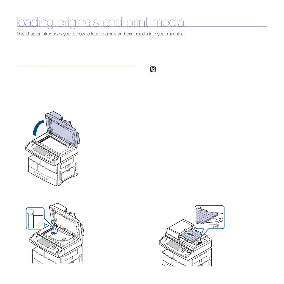 Loading originals and print media, Loading originals, On the scanner glass | In the dadf | Samsung SCX-6545N User Manual | Page 34 / 190