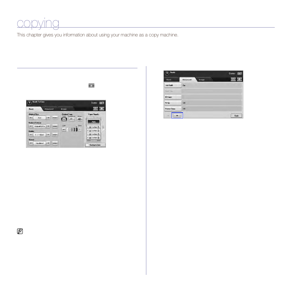 Copying, Understanding the copy screen, Basic tab | Advanced tab | Samsung SCX-6545N User Manual | Page 42 / 190