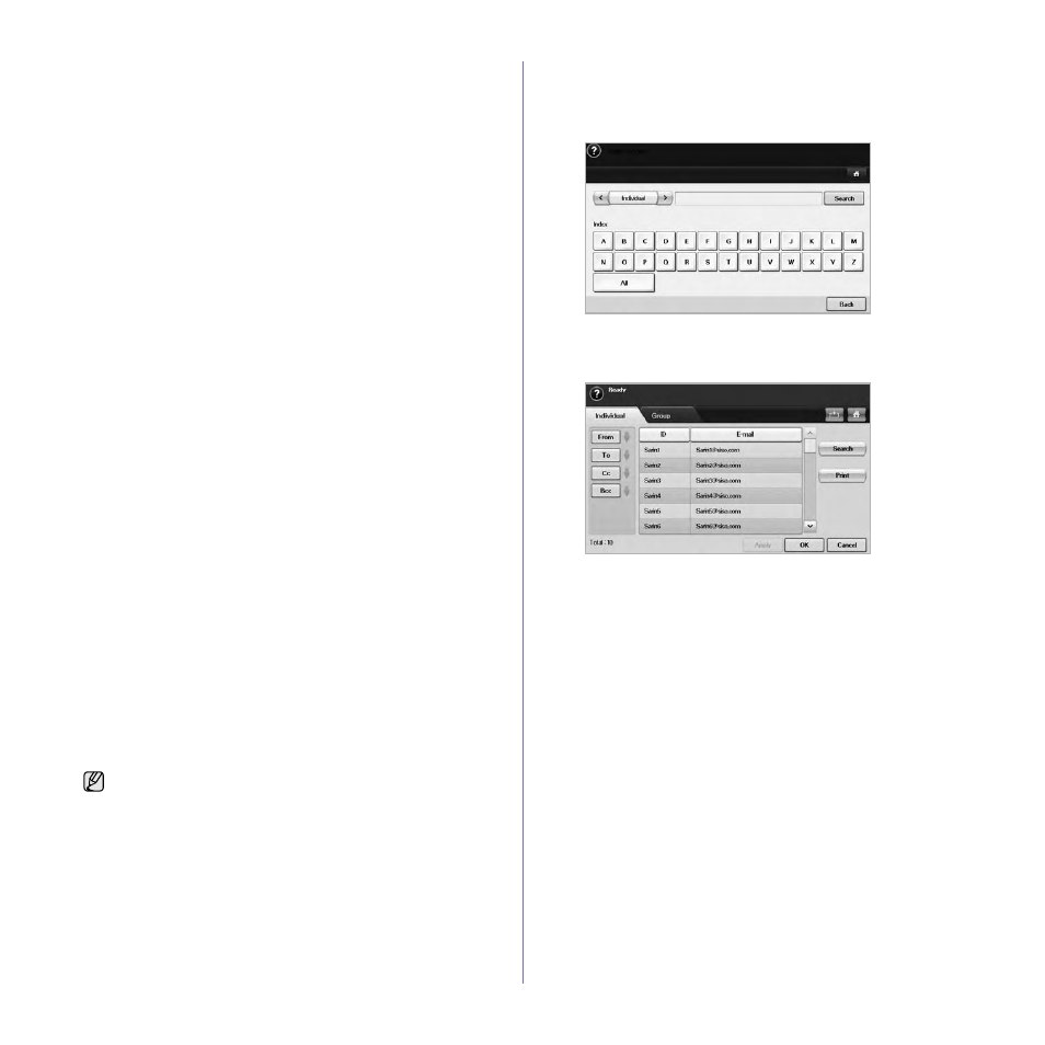 Storing email addresses, Entering email addresses by the address book | Samsung SCX-6545N User Manual | Page 55 / 190