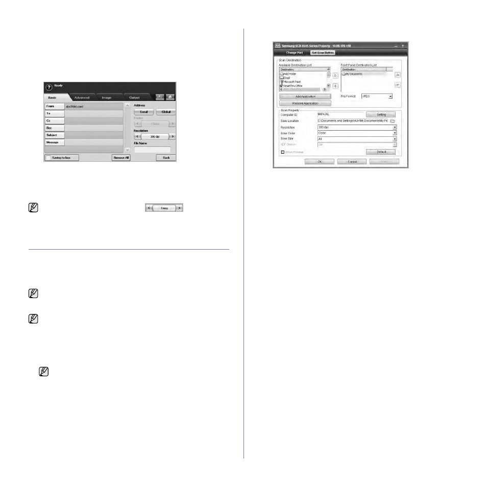 Entering email addresses by the keyboard, Using samsung scan manager, Set scan button tab | Samsung SCX-6545N User Manual | Page 56 / 190