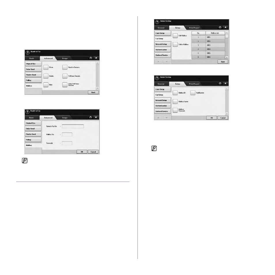 Polling from a remote mailbox, Using mailbox, Creating mailbox | Storing originals in mailbox, Polling from a remote, Using, Creating, Storing originals in | Samsung SCX-6545N User Manual | Page 69 / 190