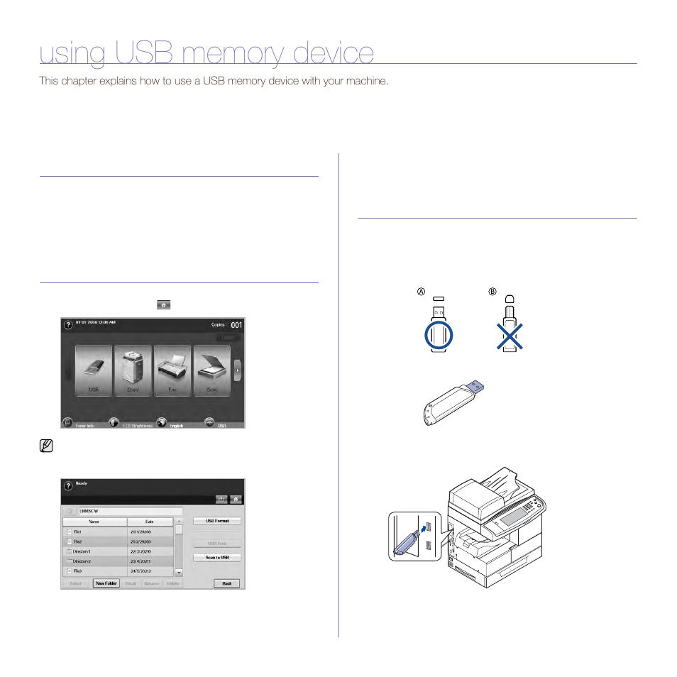 Using usb memory device, About usb memory, Understanding the usb screen | Plugging in a usb memory device | Samsung SCX-6545N User Manual | Page 73 / 190