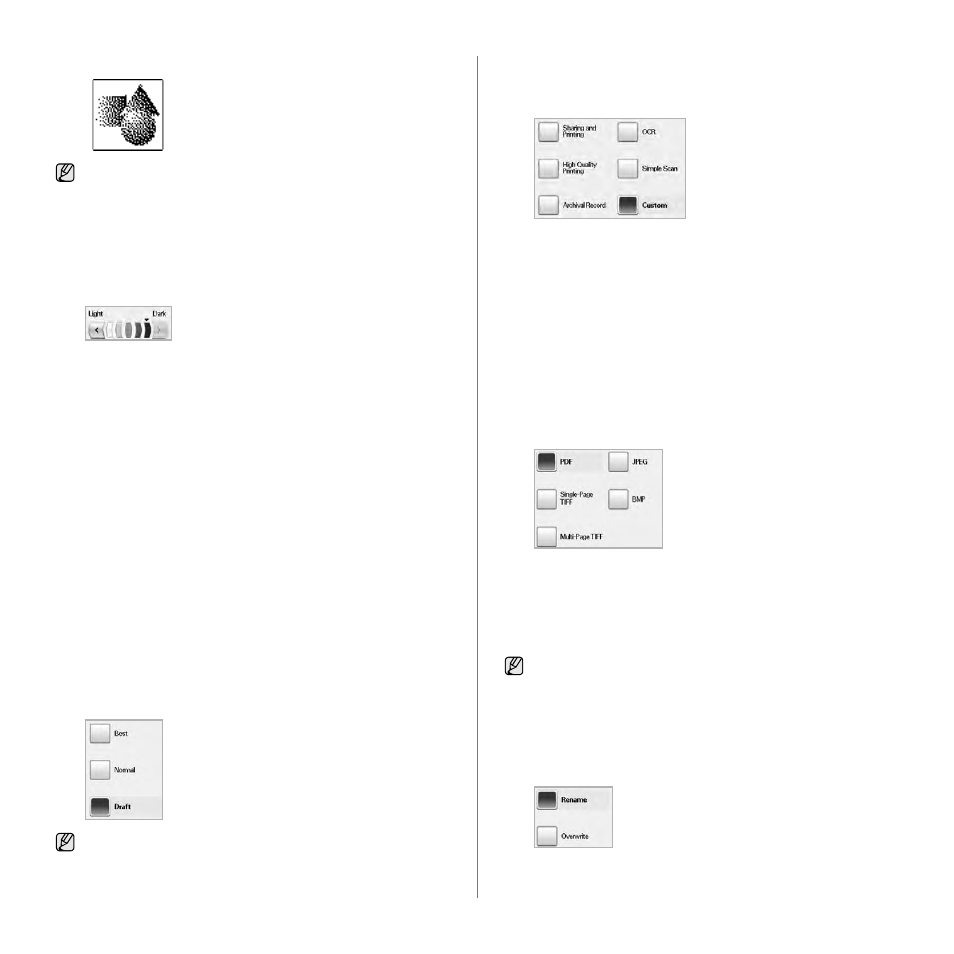 Darkness, Erase background, Scan to edge | Quality, Scan preset, File format, File policy | Samsung SCX-6545N User Manual | Page 76 / 190