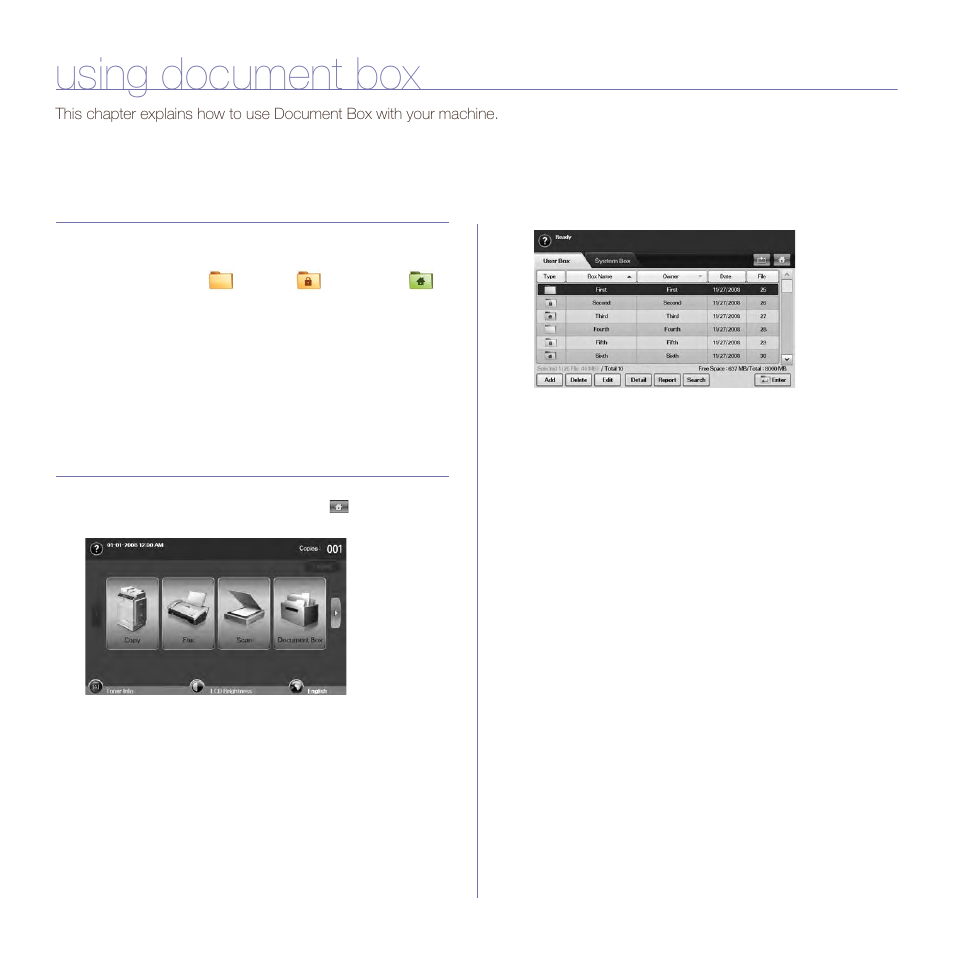Using document box, About document box, Understanding the document box screen | Document box screen | Samsung SCX-6545N User Manual | Page 78 / 190