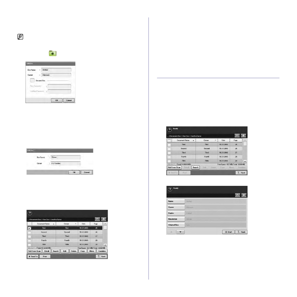 Box adding screen, Edit a box screen, Document list screen | Storing documents to document box, Storing documents from document box, Storing documents during copy, scan, fax function | Samsung SCX-6545N User Manual | Page 79 / 190
