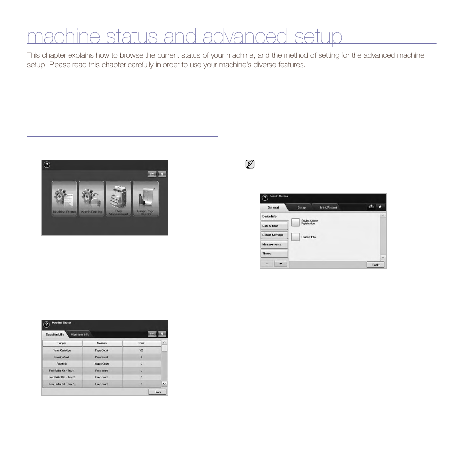 Machine status and advanced setup, Machine setup, Machine status screen | Admin setting screen, Browsing the machine’s status | Samsung SCX-6545N User Manual | Page 84 / 190