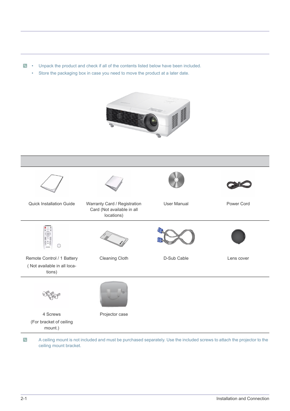 2 installation and connection, 1 package contents, Installation and connection | Package contents -1, 2installation and connection | Samsung SPH SP-M220 User Manual | Page 10 / 60