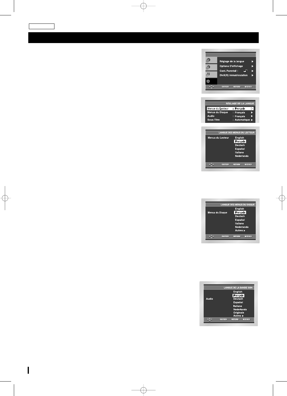 Configuration des options de langue | Samsung DVD-L70A User Manual | Page 24 / 101