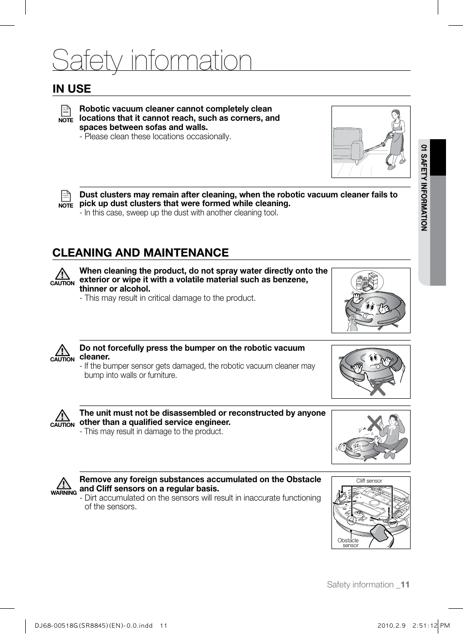 Safety information, Cleaning and maintenance | Samsung SR8845 User Manual | Page 11 / 48