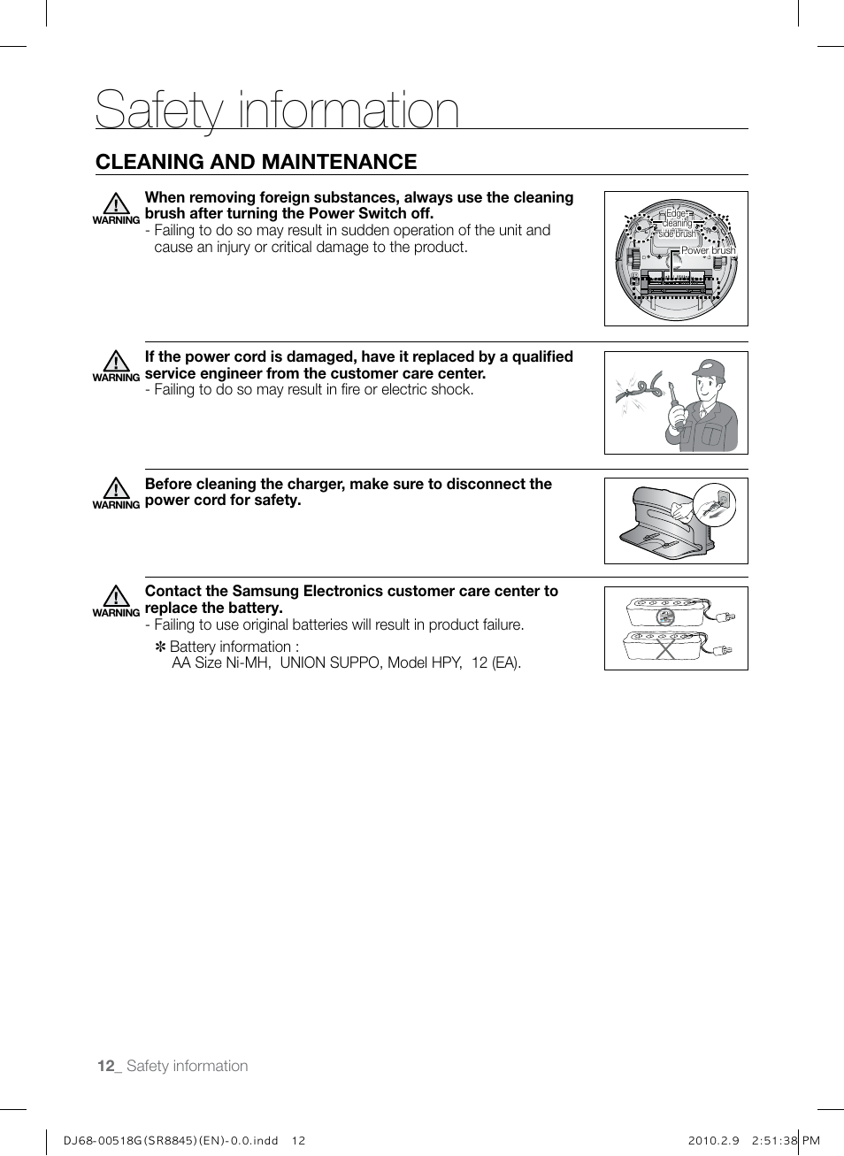 Safety information, Cleaning and maintenance | Samsung SR8845 User Manual | Page 12 / 48