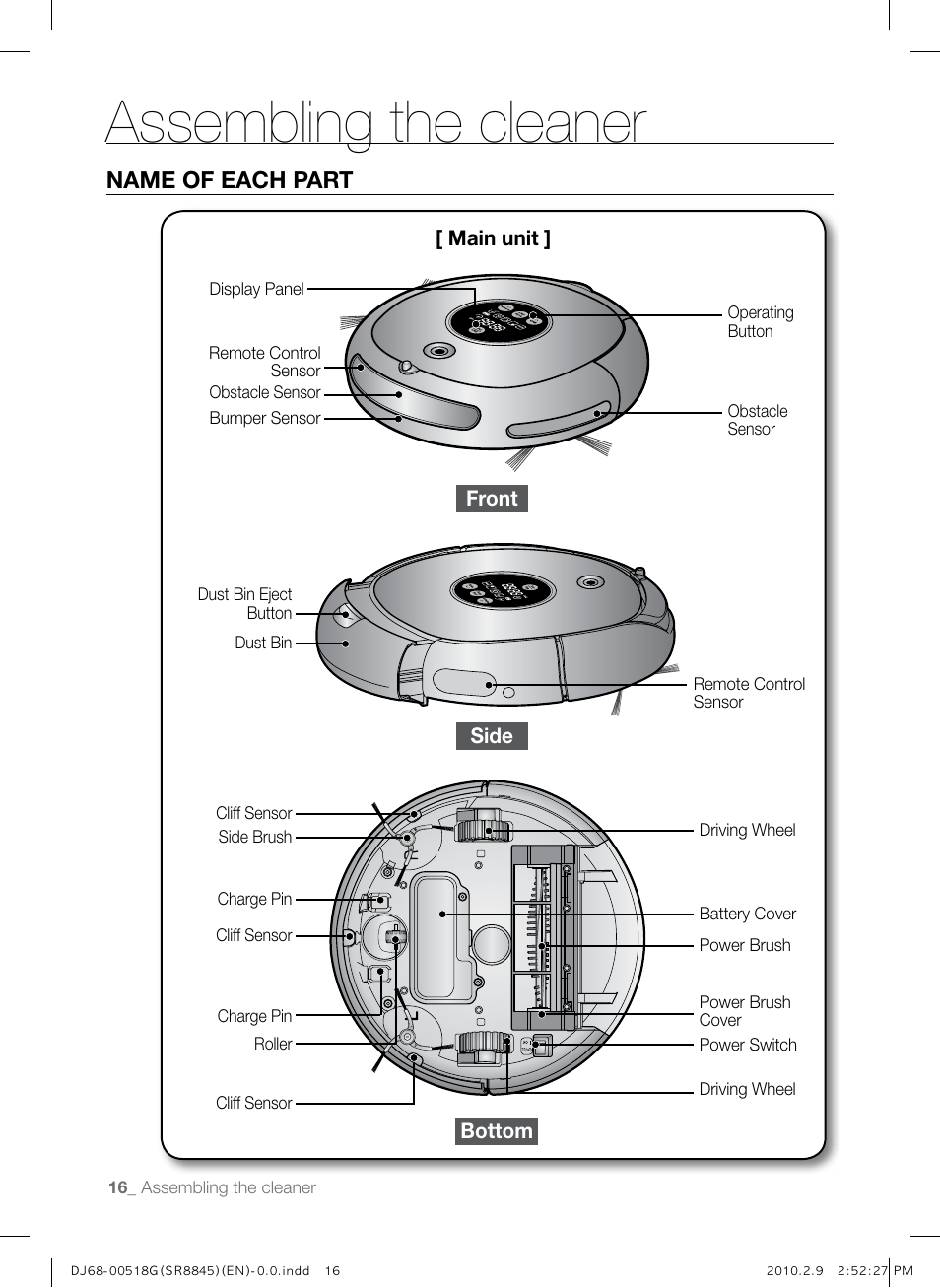 Assembling the cleaner, Name of each part | Samsung SR8845 User Manual | Page 16 / 48