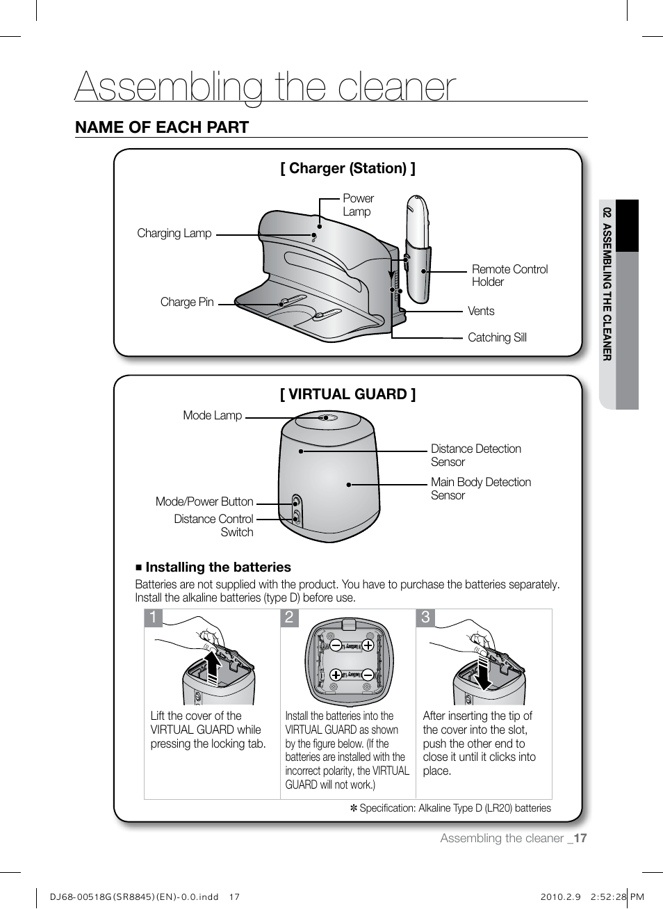 Assembling the cleaner, Name of each part | Samsung SR8845 User Manual | Page 17 / 48