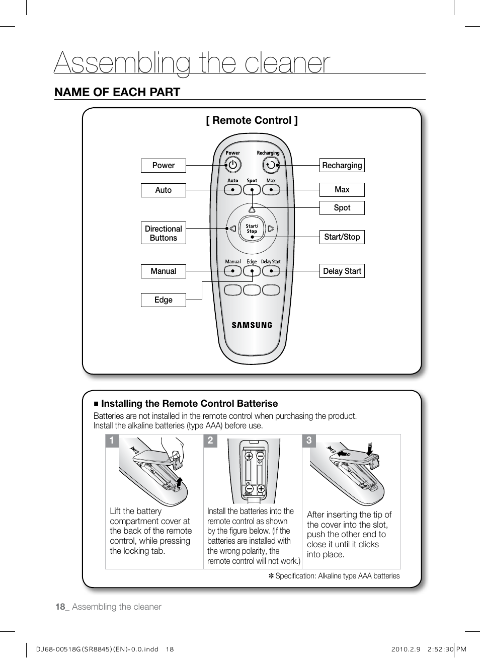 Assembling the cleaner, Lock 삭제제되면서 번호 수정 name of each part | Samsung SR8845 User Manual | Page 18 / 48
